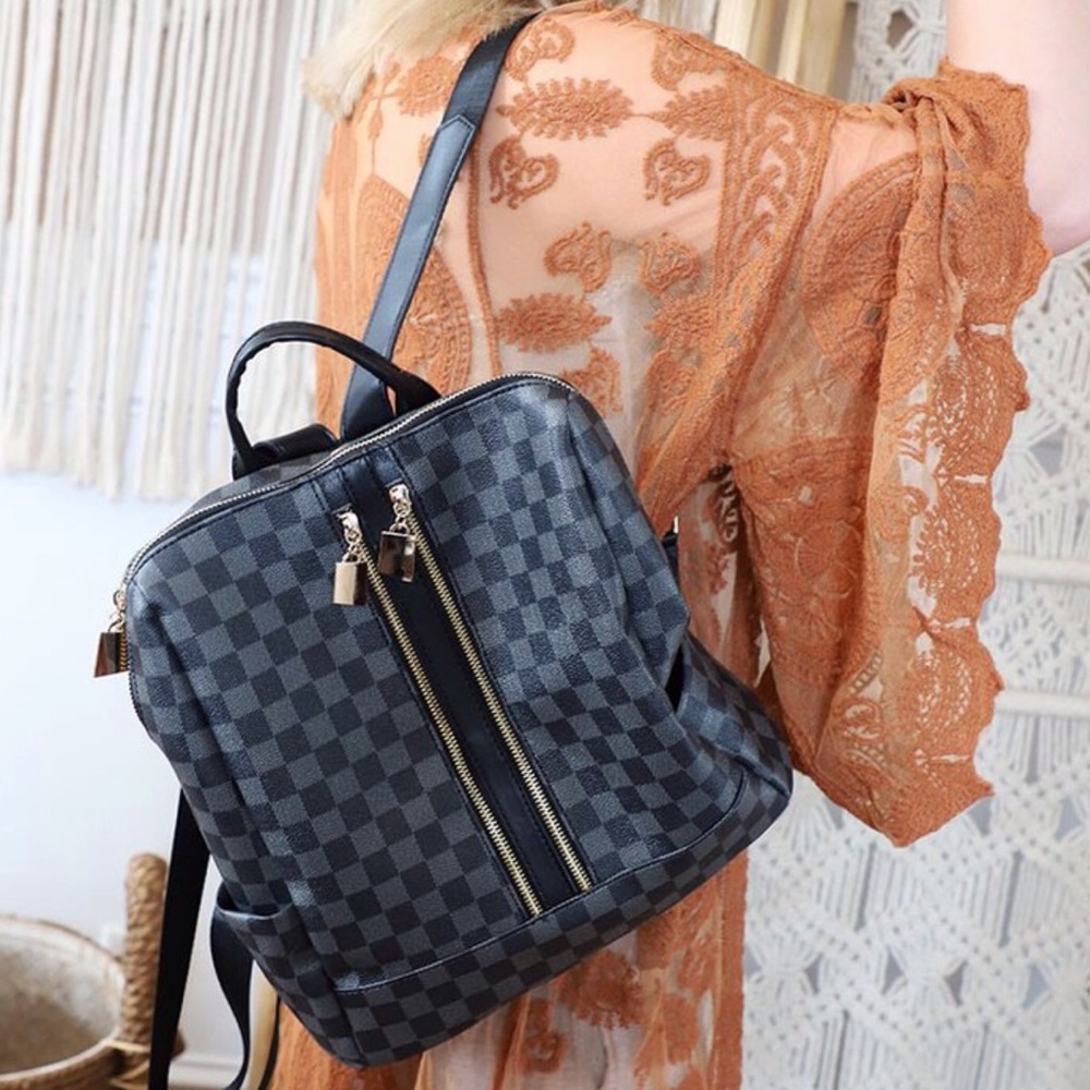 The Luxe Checkered Backpack Purse- Black